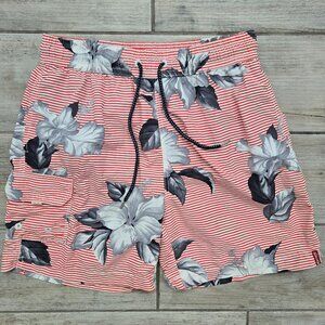 Tommy Bahama Swim Trunks Men's Red Stripe Hawaiian Floral Mesh Lined Resort M